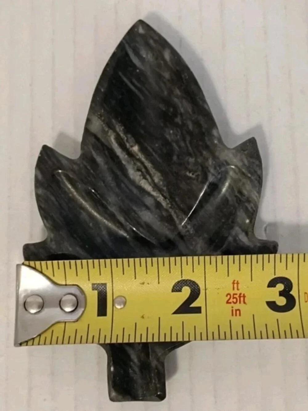 Hand Carved Gray Marble Onyx Leaf  Paperweight Trinket Dish with Feet 4in
